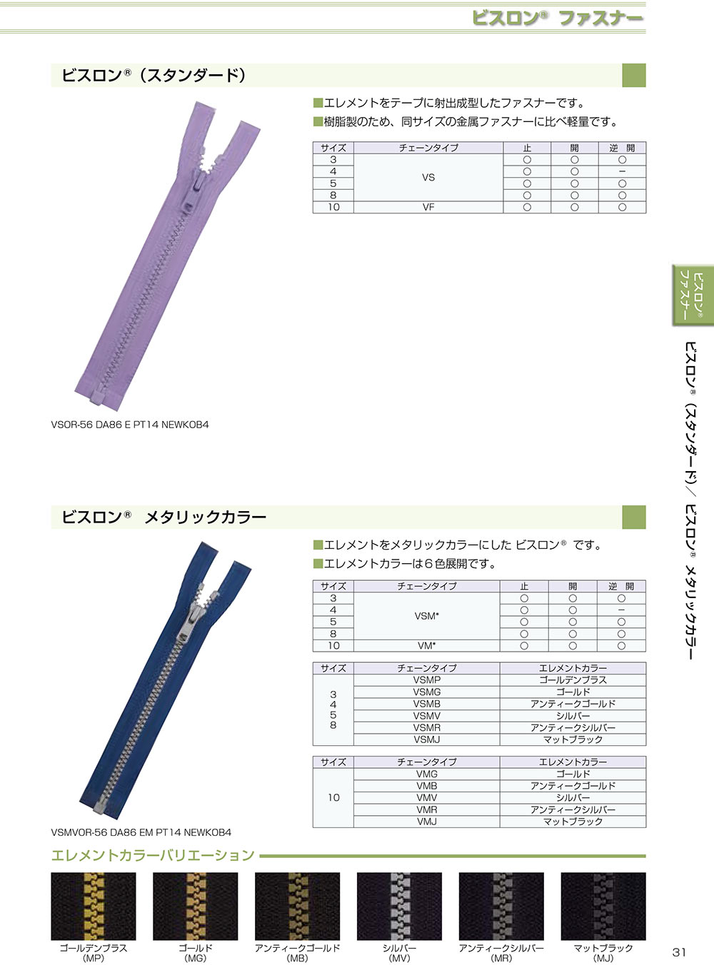 10VFMR ビスロン® ファスナー 10サイズ 逆開 YKK