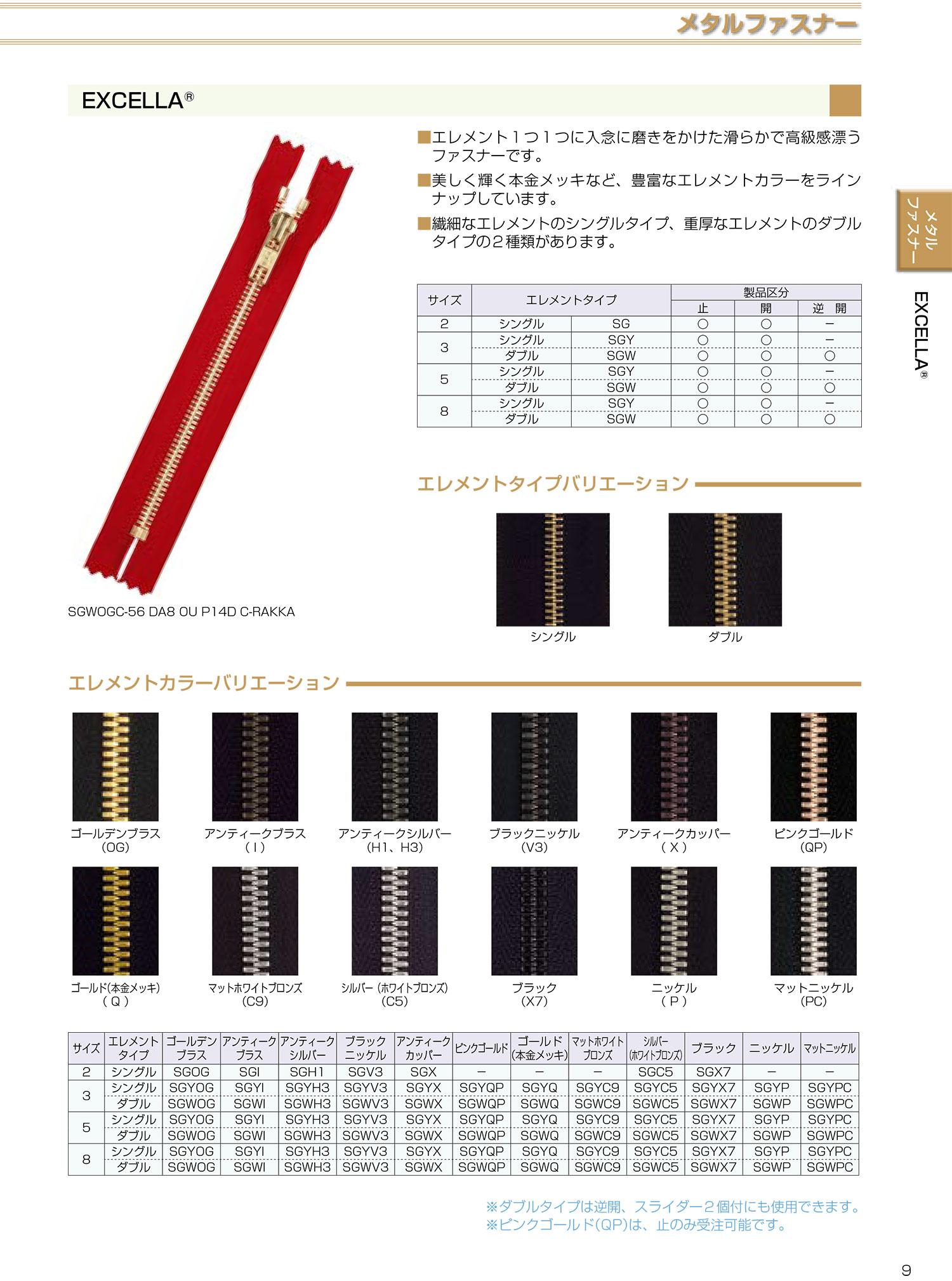 3SGWPC EXCELLA&#174; ファスナー 3サイズ ニッケル 止 ダブル YKK