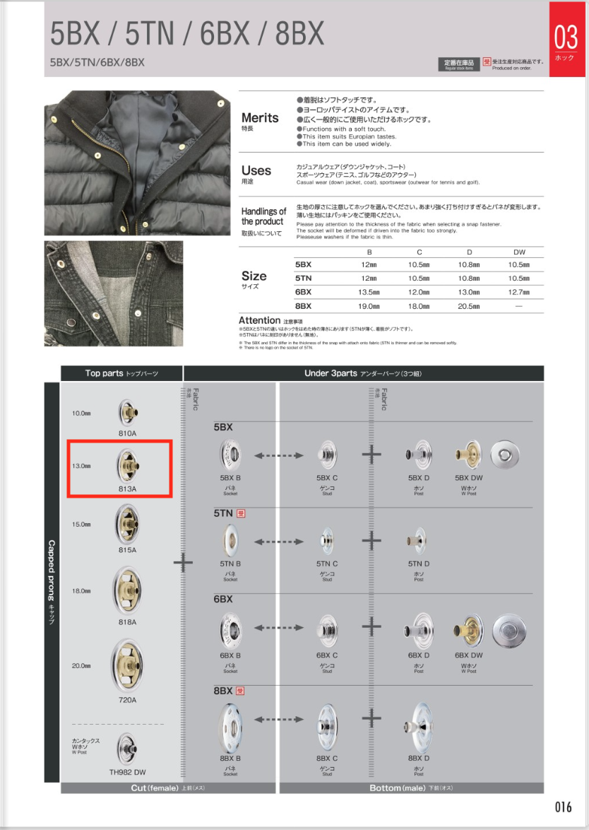 813A トップパーツ13MM[ドットボタン・ハトメ] モリト(MORITO)