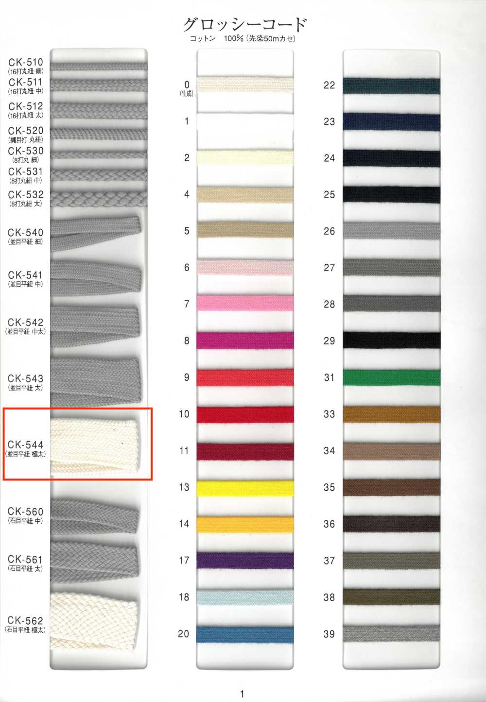 CK544 グロッシーコード 並目平紐 極太[リボン・テープ・コード]