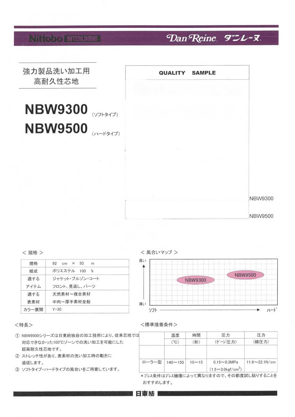 NBW9500 強力製品洗い加工用高耐久性芯地 ハードタイプ 日東紡アドバンテックス