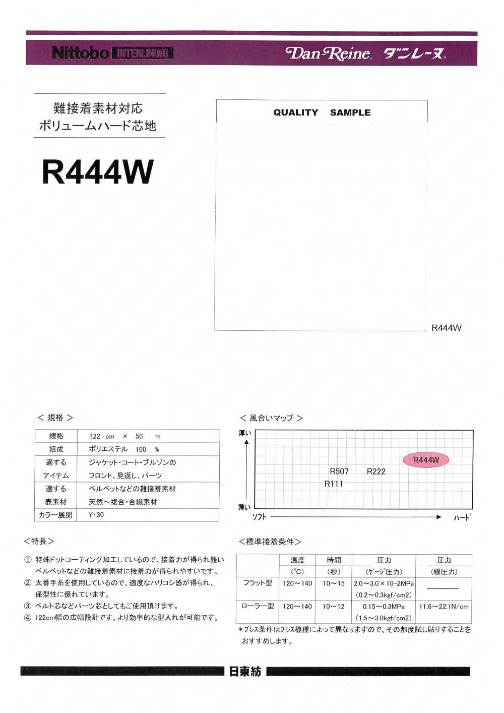 R444W ボリュームハード芯地 難接着素材対応  100D 日東紡インターライニング