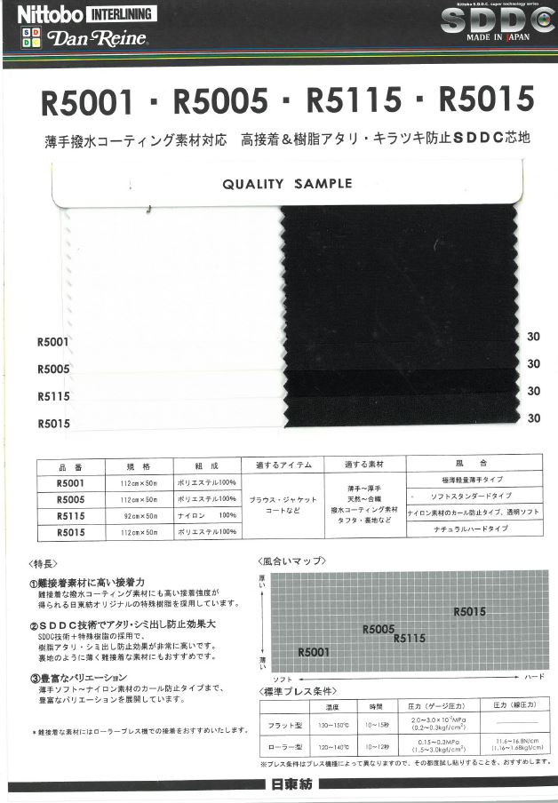 R5005 ダンレーヌ 薄手撥水コーティング素材対応 高接着&樹脂アタリ・キラツキ防止SDDC芯地 20D 日東紡インターライニング