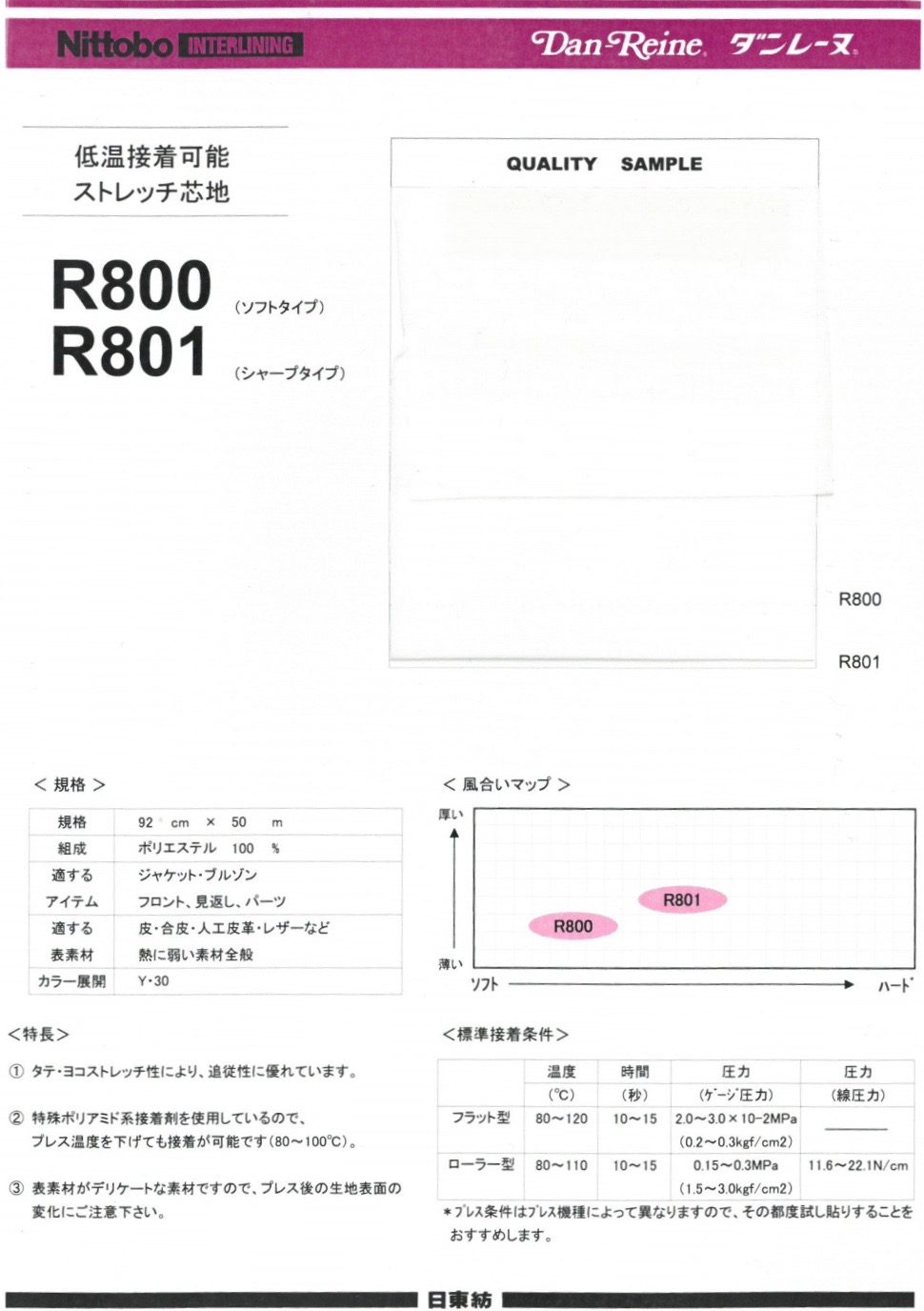 R800 ダンレーヌ 低温接着可能 ストレッチ芯地 ソフトタイプ 20D 日東紡インターライニング