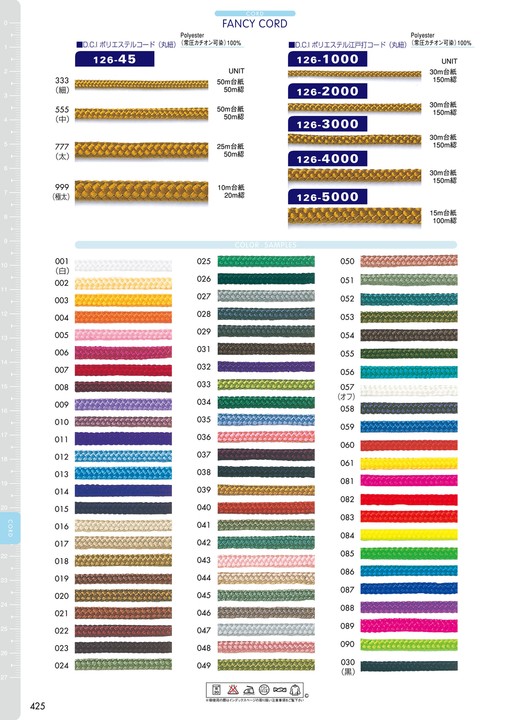 126-1000 D.C.I ポリエステル江戸打コード(丸紐) 約2mm[リボン・テープ・コード] DARIN(ダリン)