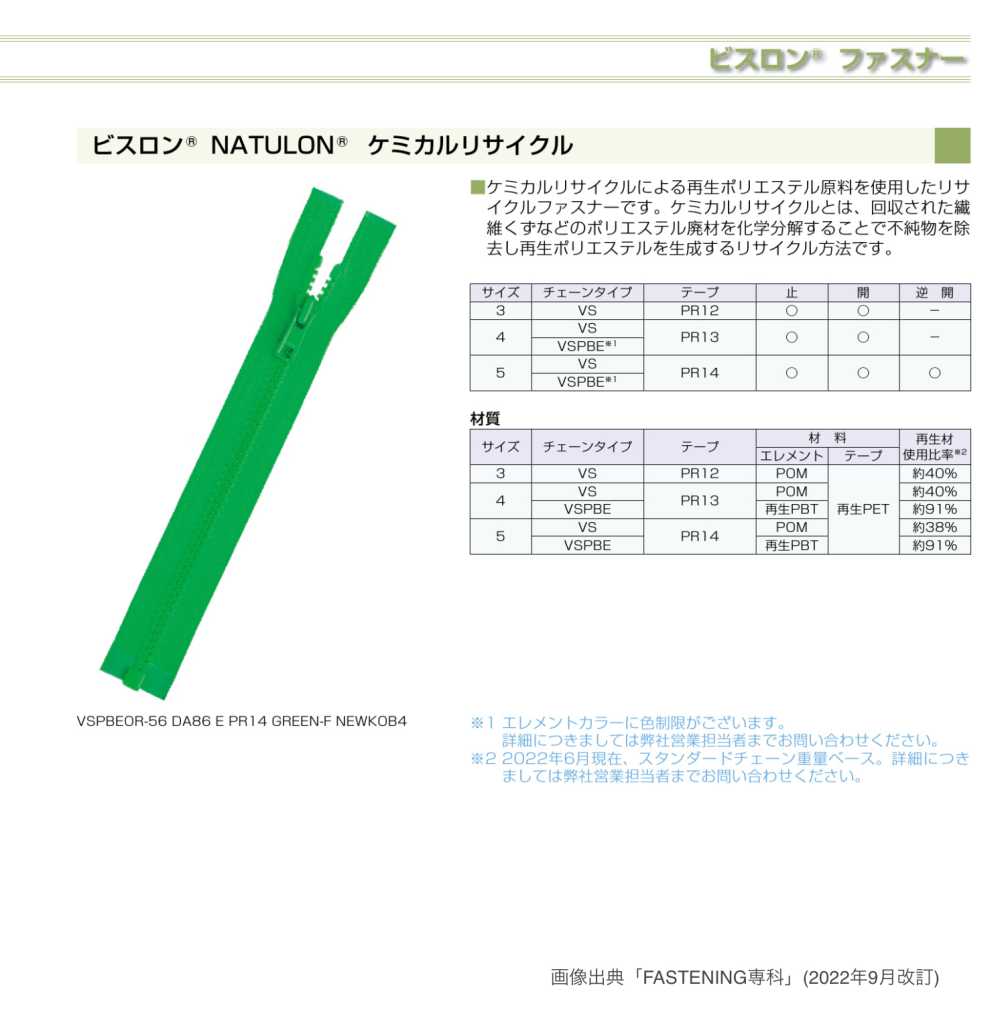 4VSPBEC-PR13 ビスロン&#174; NATULON&#174; リサイクルファスナー 4サイズ 止 YKK