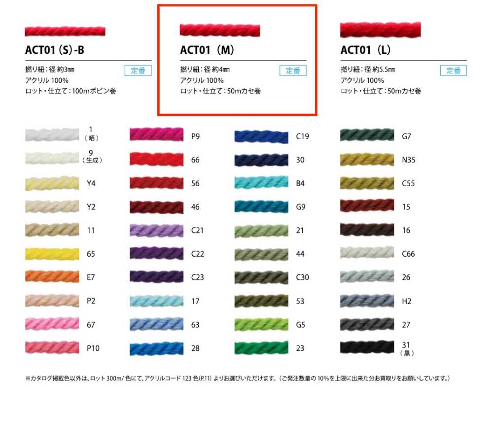 ACT01(M) アクリルツイストコード 4MM[リボン・テープ・コード] こるどん