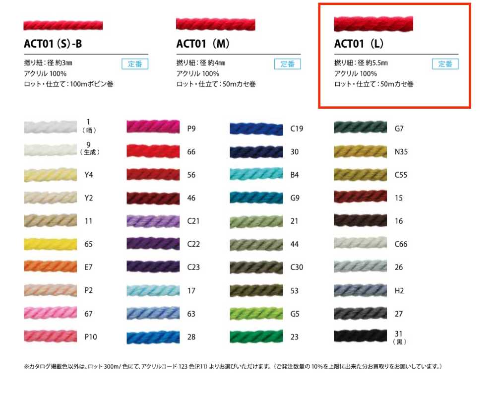 ACT01(L) アクリルツイストコード 5.5MM[リボン・テープ・コード] こるどん