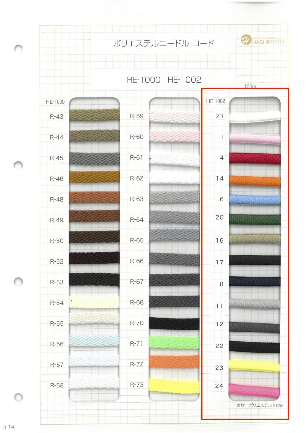 HE-1002 ポリエステルニードルコード[リボン・テープ・コード] ノンネーム