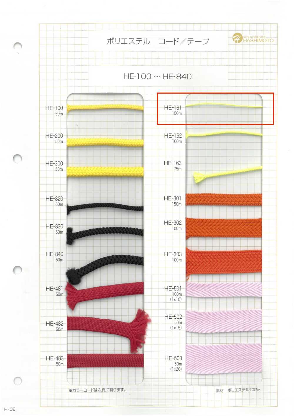 HE-161 エステルスピンドルコード[リボン・テープ・コード] ノンネーム