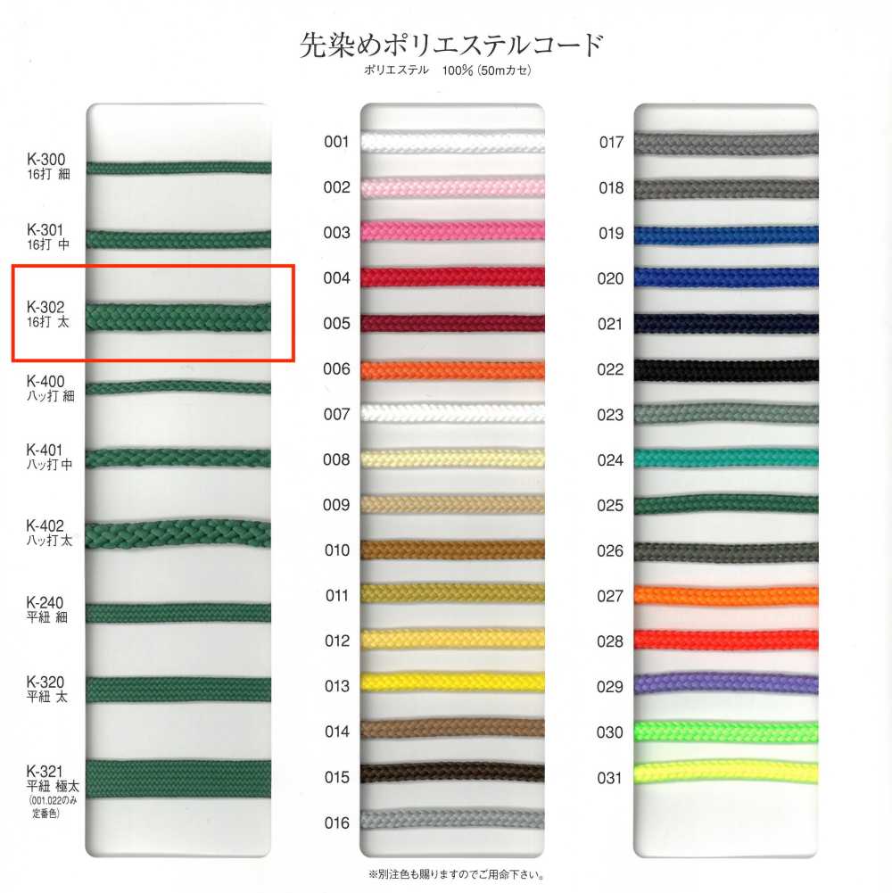 K-302 先染めポリエステルコード 16打ち 太[リボン・テープ・コード] RIVER