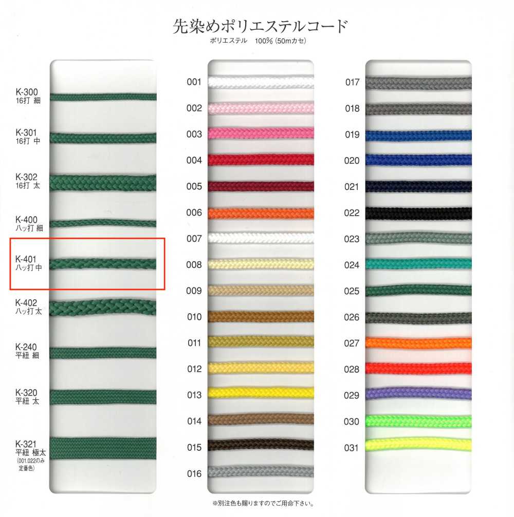 K-401 先染めポリエステルコード 8打ち 中[リボン・テープ・コード] RIVER