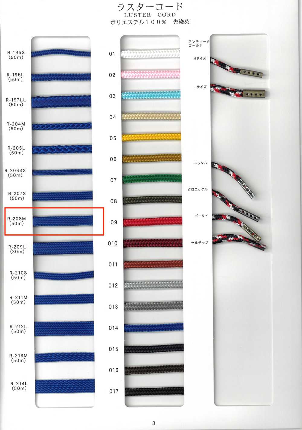 R-208M ラスターコード 丸紐 32打ち  芯入り 先染め[リボン・テープ・コード] RIVER