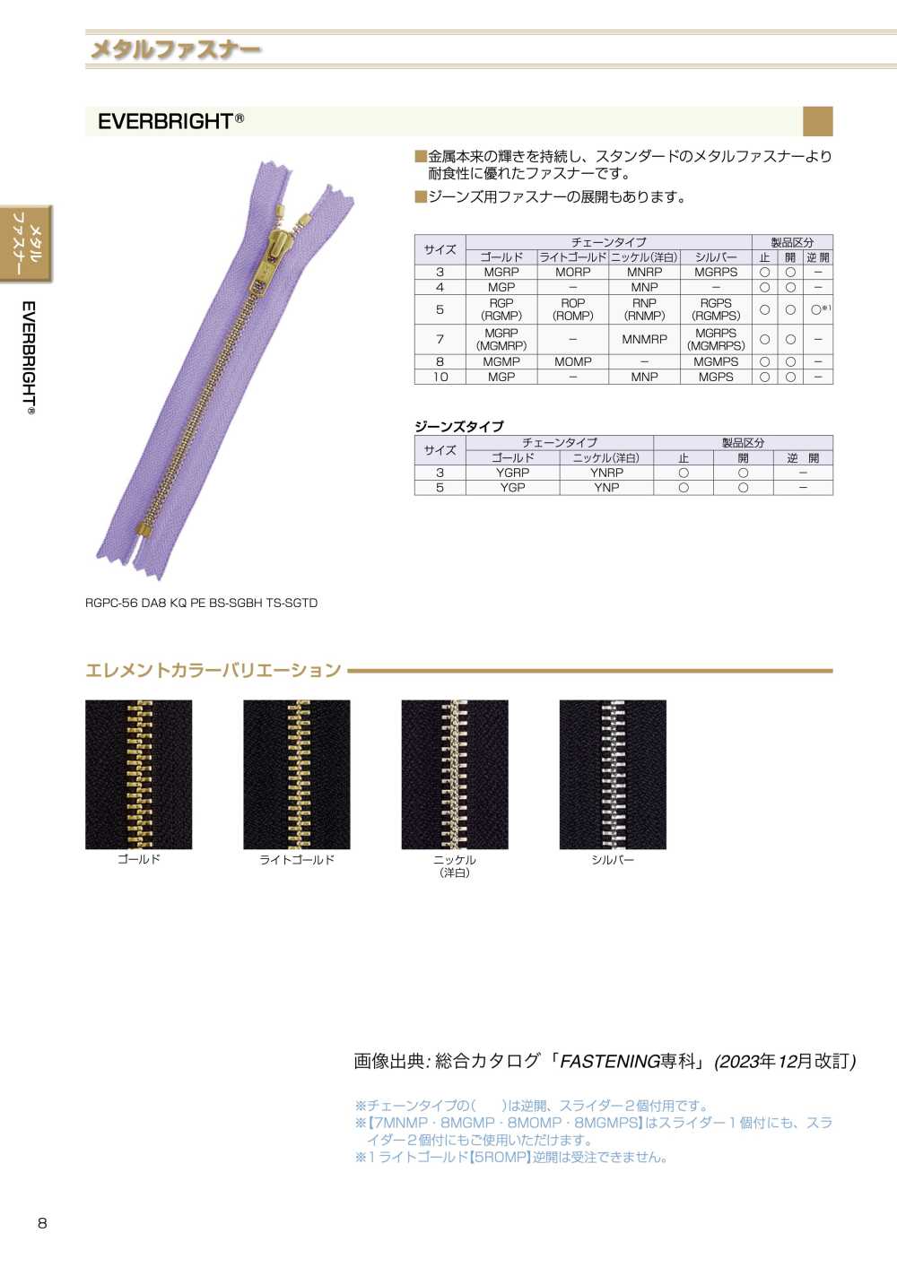 5RNPOR EVERBRIGHT&#174; ファスナー 5サイズ 洋白 開 YKK