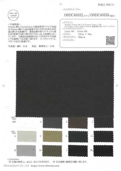 OSDC40333 Supima Cotton 80/1 & French Linen 1/60 2/1 Super Twill Sillky-Finish 両面検反済(リバーシブル) (染)
